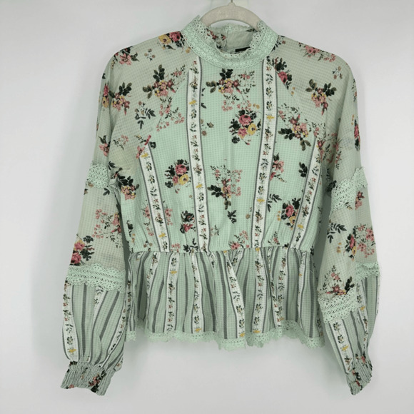 Anthropologie Hemant & Nandita Floral Lace Top Mock Neck Green XS Ballon Sleeve - Picture 10 of 10